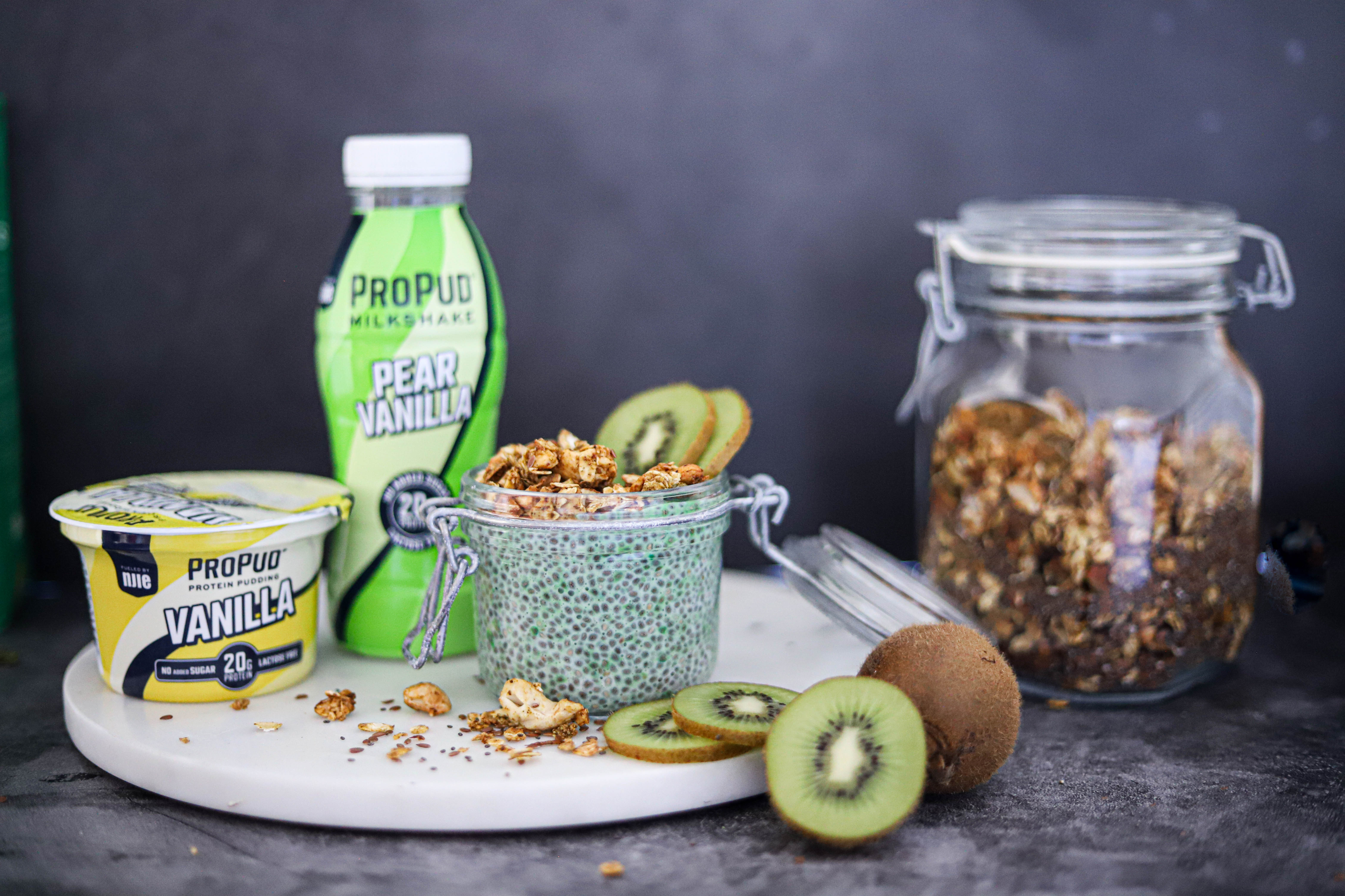 Image for a chia pudding with matcha and kiwi recipe containing products from NJIE's ProPud brand.