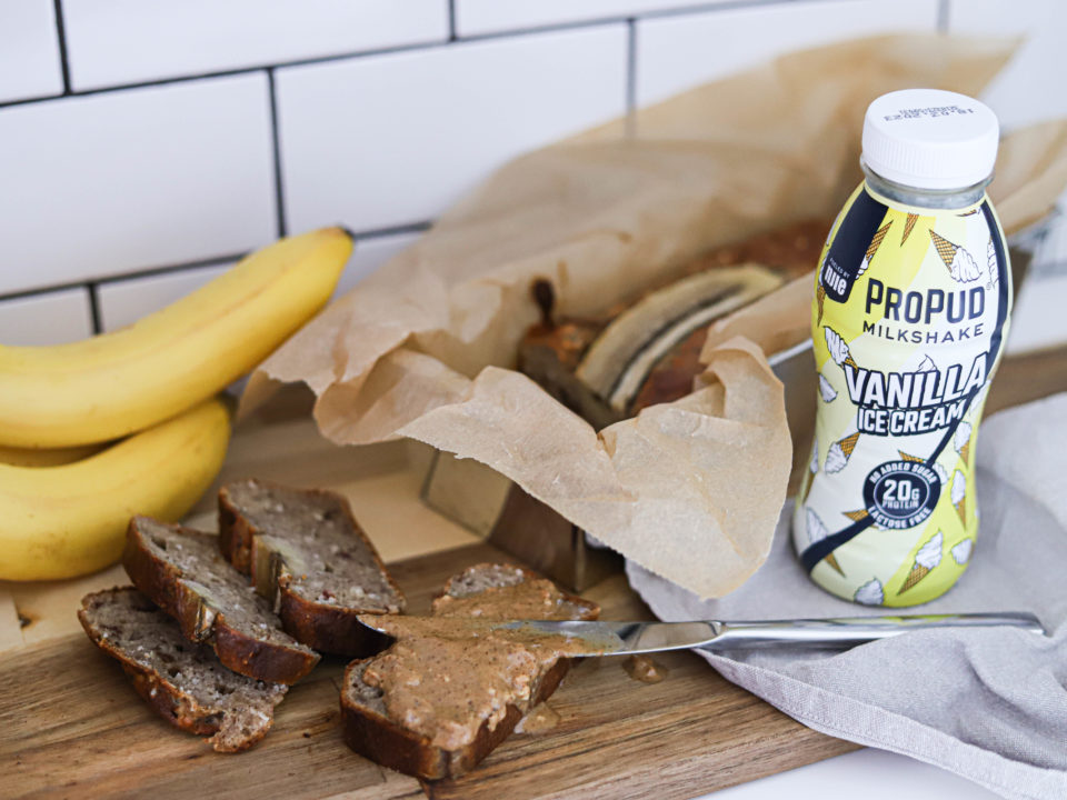 Image for a banana bread recipe containing products from NJIE's ProPud brand.